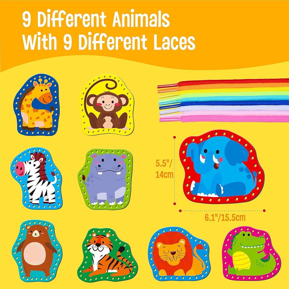 Racing Cards for Kids, Double Sided Sewing Cards, 9 Wild Animals with 9 Colorful Strings, Imagination Development, Racing Toys, Games, Educational and Learning Activities for Kids