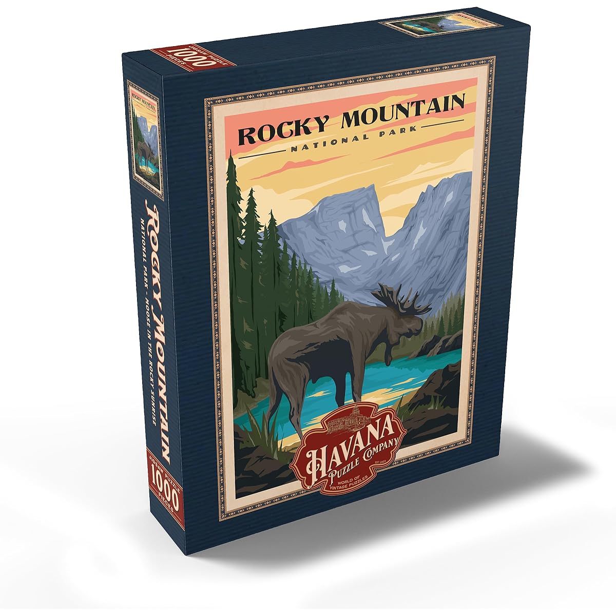 Rocky Mountain National Park - Moose at Rocky Sunrise Vintage Travel Poster - Premium 1000 Piece Jigsaw Puzzle for Adults