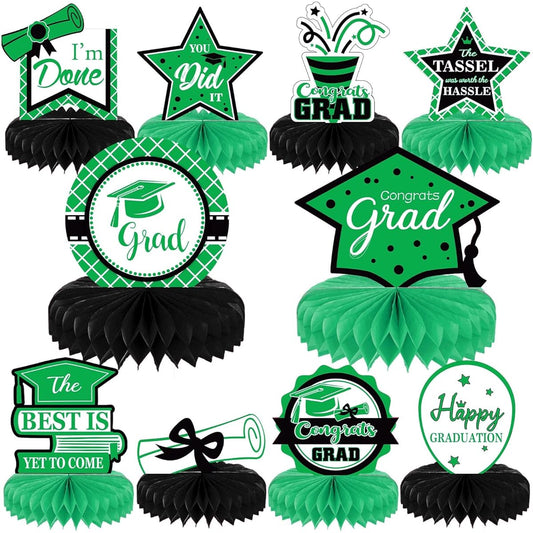 10 Pieces Class of 2023 Graduation Party Decorations 2023 Graduation Honeycomb Centerpieces Table Toppers for Graduation Party Favors (Black Green)