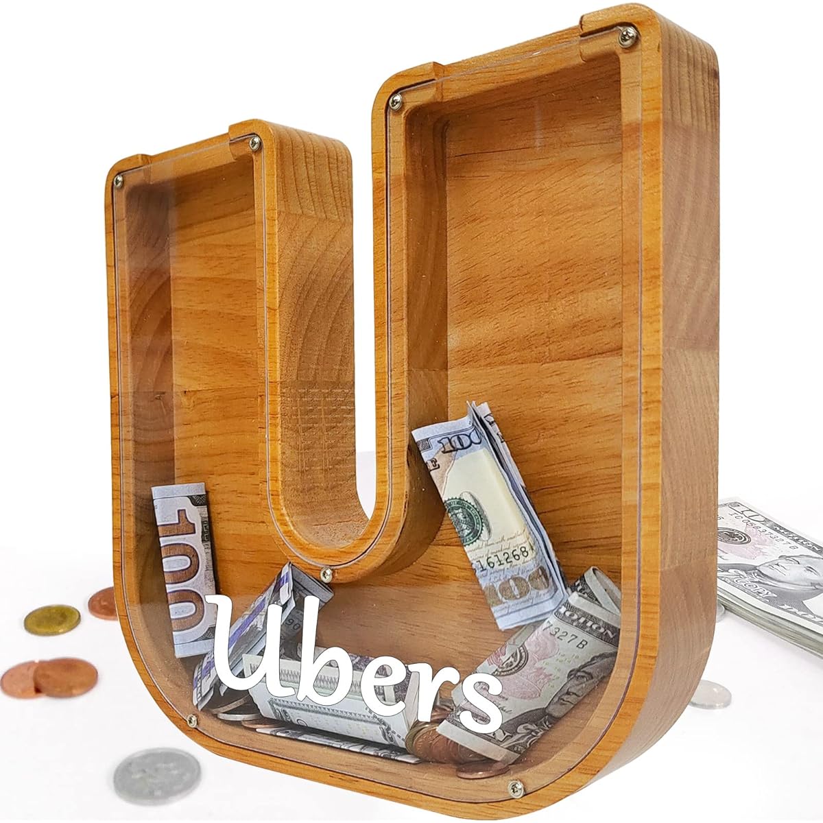 Custom Wooden Piggy Bank Creative 26 English Alphabet Letter Storage Tank Personalized Letter Coin Bank Customize Wooden Toy Piggy Bank Frame DIY Your Own Name Letter Decorative Kids Piggy Bank(U)