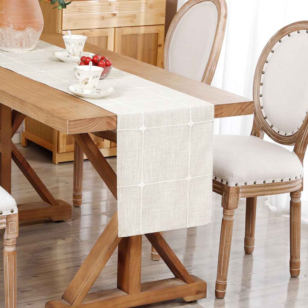 Embroidered Linen Table Runner Rustic Checkered Farmhouse Table Runner Checkered Rectangle Runner for Dining Dresser Coffee Party Holiday Table Decor Off White 13 x 60 Inch