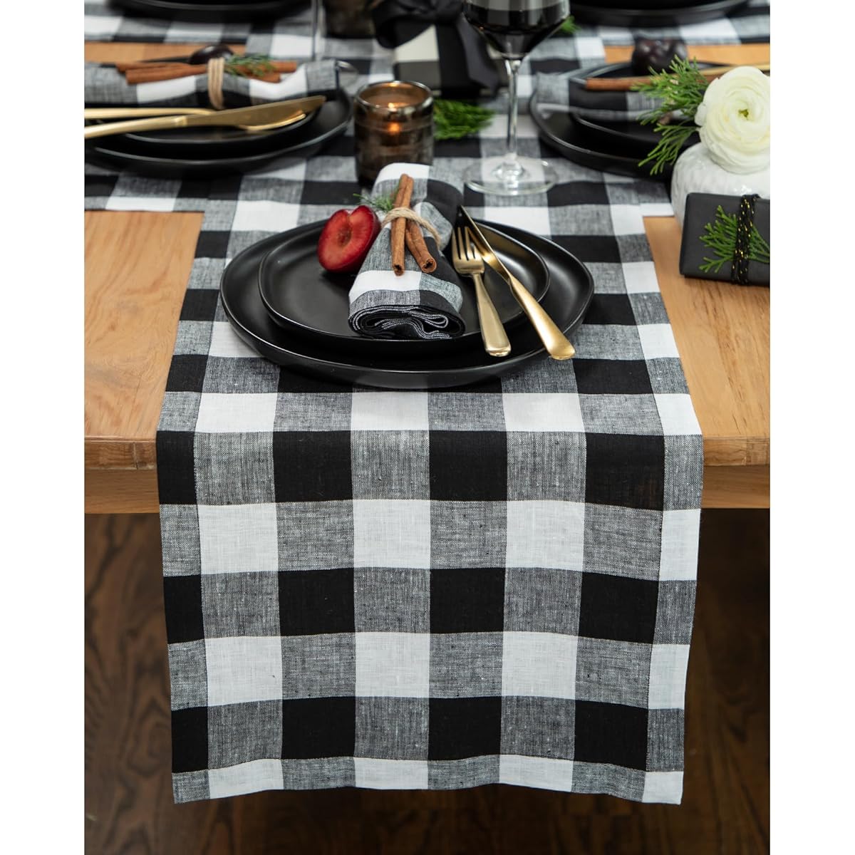 Solino Home Buffalo Check Linen Table Runner - 14" x 90" Checkered Table Runner for Fall/Halloween/Thanksgiving/Christmas - 100% Linen Table Runner Black & White - Handcrafted from European Flax
