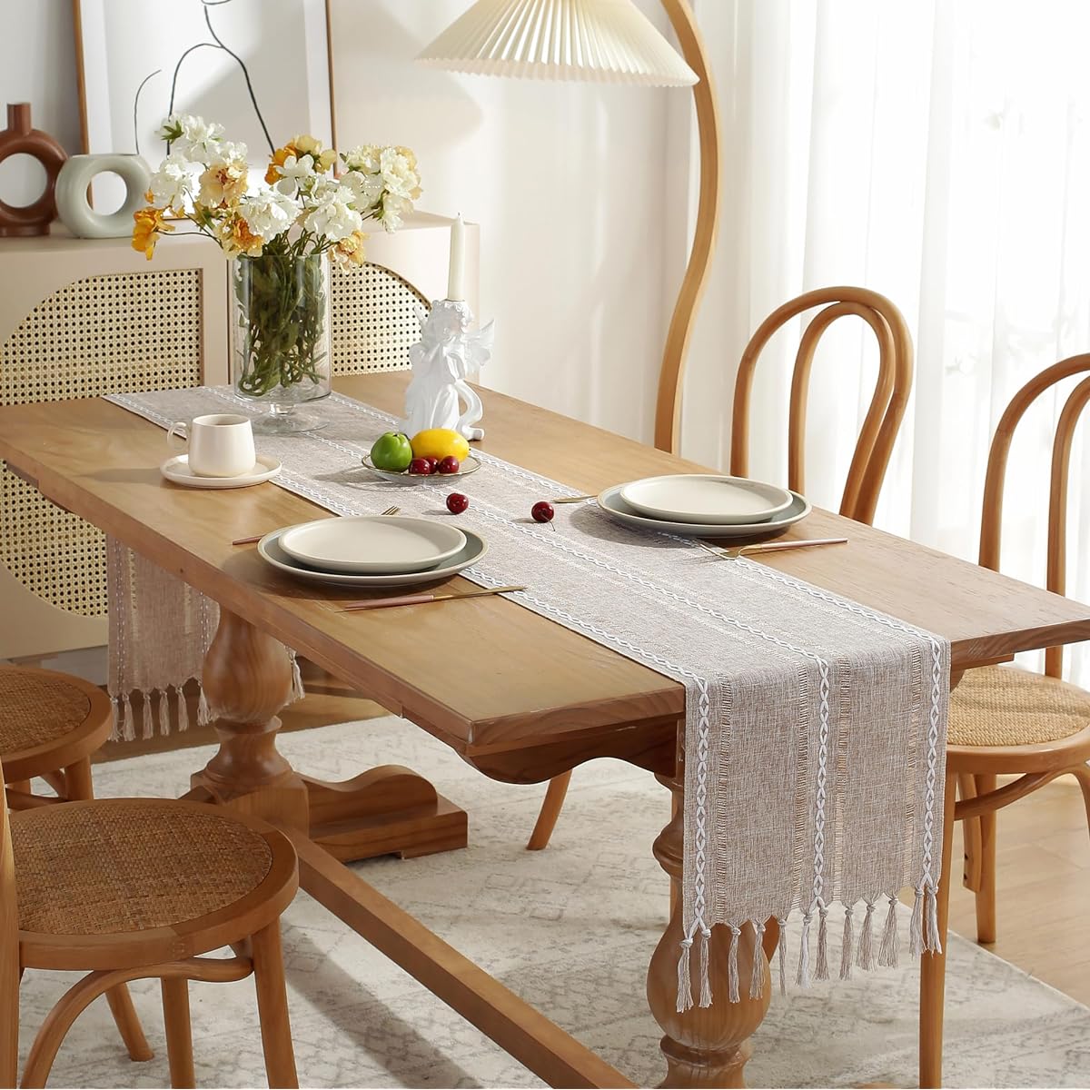 JIALE Table Runner Rustic Farmhouse Table Runner with Tassels Boho Cotton Linen Table Runner Table Decoration for Holiday Party Wedding 72 Inch Khaki