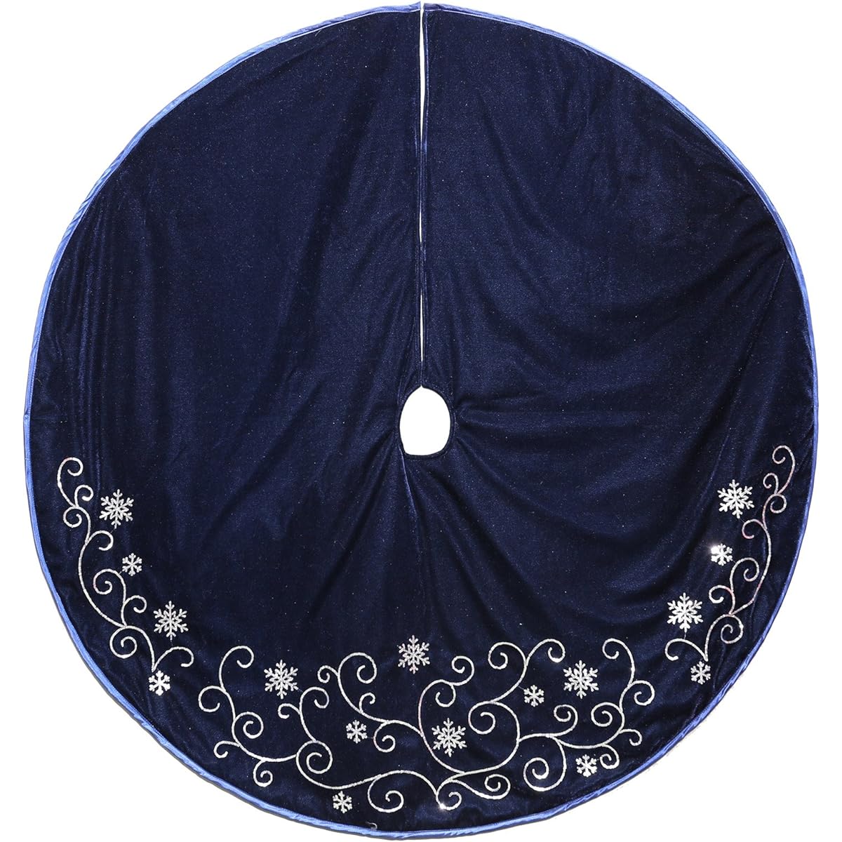 New Traditions 48in Velvet Tree Skirt with Sequined Vines and Taffeta Piping - Blue/Silver