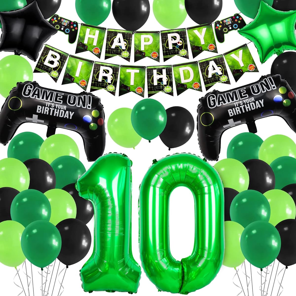 10th Video Game Birthday Party Set, Happy Birthday Banner Video Game Balloons, Controller Balloons, Green Black Star Aluminum Foil Balloons Kit Decorations
