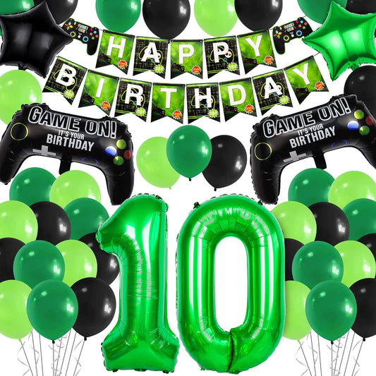 10th Video Game Birthday Party Set, Happy Birthday Banner Video Game Balloons, Controller Balloons, Green Black Star Aluminum Foil Balloons Kit Decorations