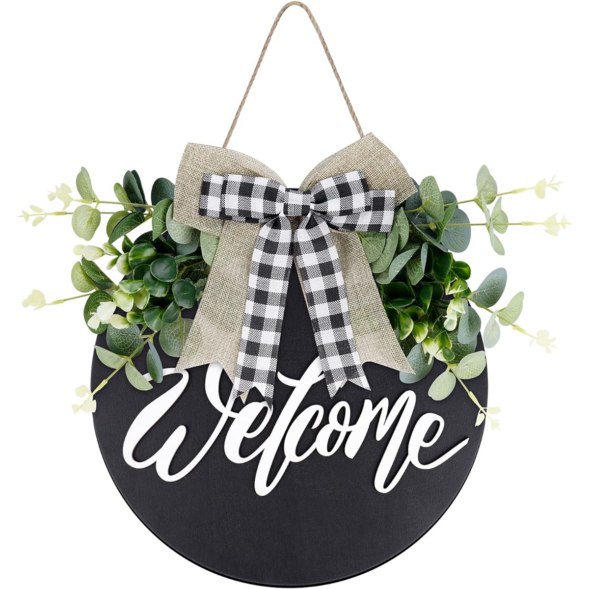 Welcome Sign for Front Door, Farmhouse Wooden Wreath, Hanging Sign for Front Door and Porch, Holiday Home Wall Decoration, Black
