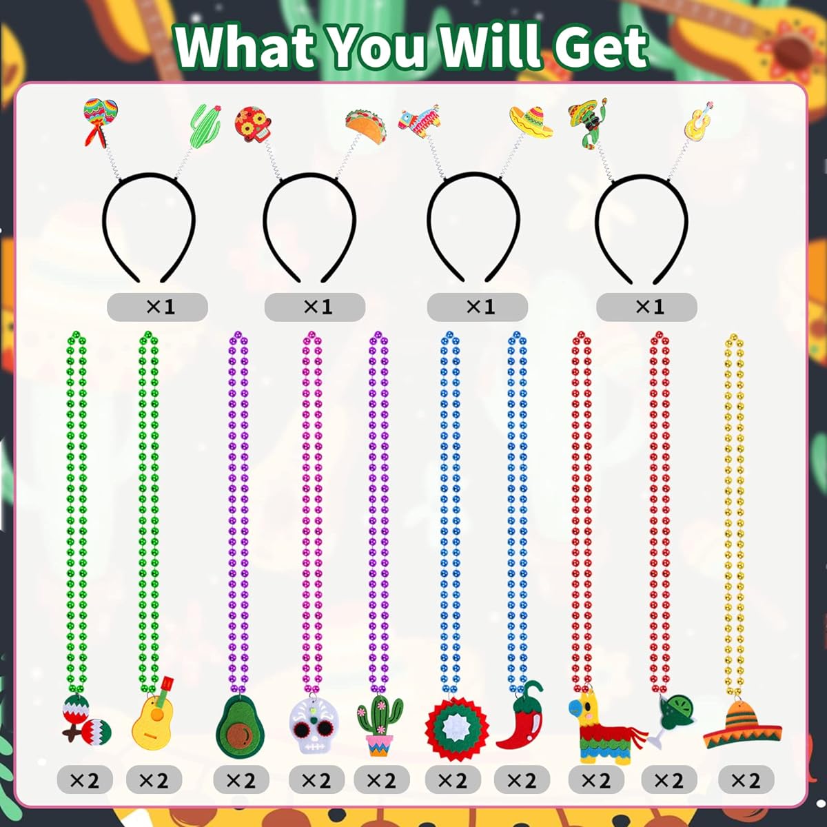 Atonofun 24 Pieces Cinco De Mayo Fiesta Accessories Mexican Headband and Necklace Set Fiesta Hair Hoop Fiesta Beads Necklace Costume Accessories for Mexican Themed Fiesta Carnival Party Favors