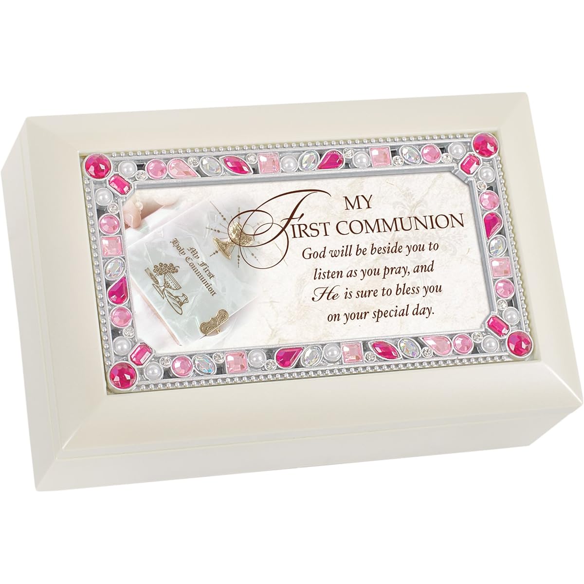 My First Communion Pray Book Petite Jeweled Ivory Music Box Plays Jesus Loves Me