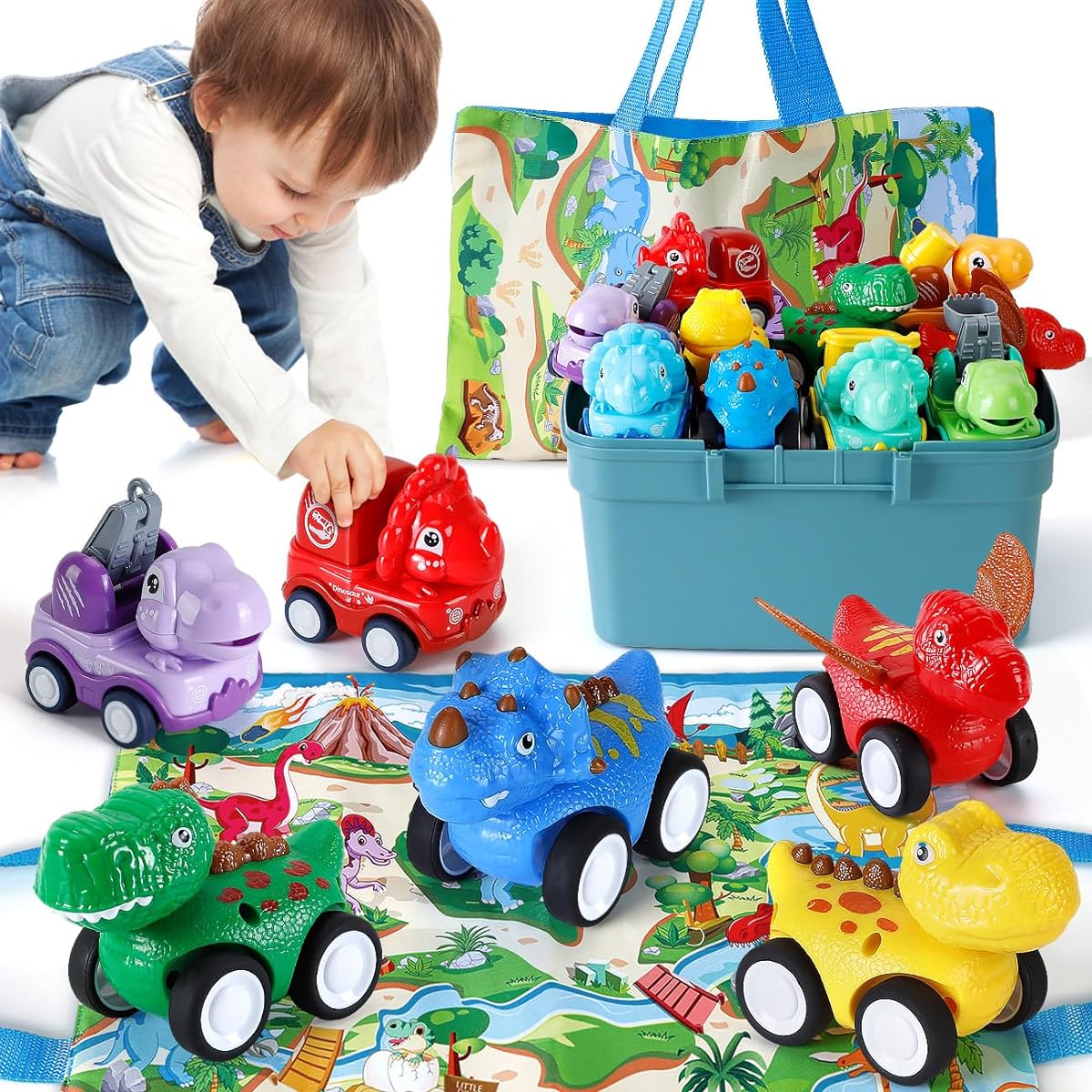 Kiddiworld Mini Dinosaur Car Toy Gift for 1 Year Old Boy | Pull Back Truck with Play Mat Storage Box for 1-2 Year Old Toddler | Baby Toys 12-18 Months | First Christmas Birthday Gift for 1 Year Old Toddler