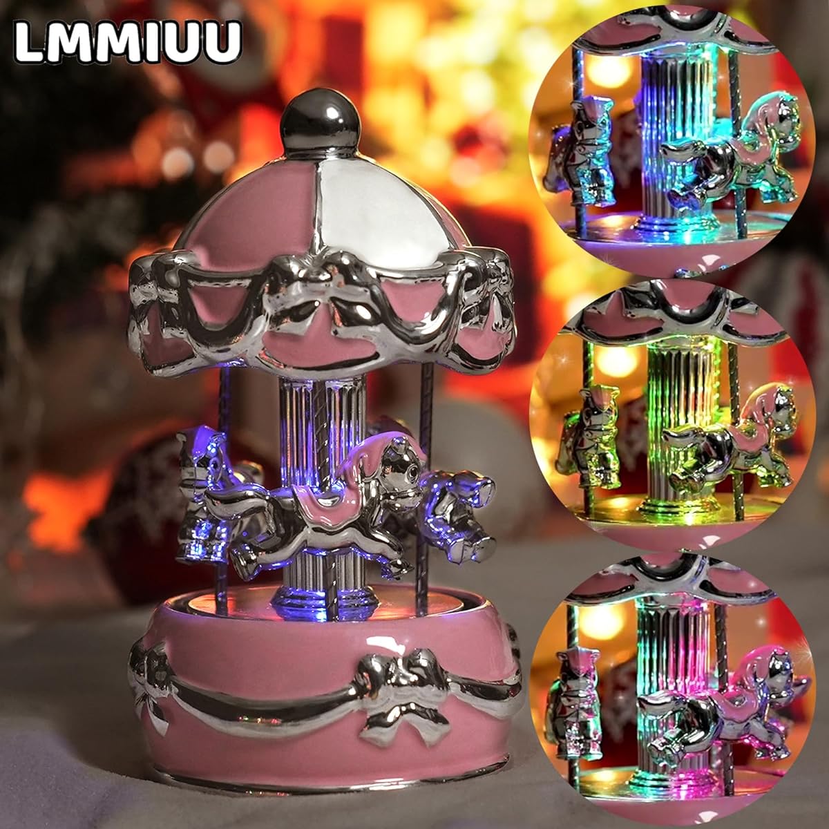 LMMIUU Carousel Music Box Gift Wrapping Ceramic Musical Carousel Horse Twinkling LED Light Carousel Twinkle Twinkle Stars Christmas Birthday Girls Boys (Pink Butterfly)