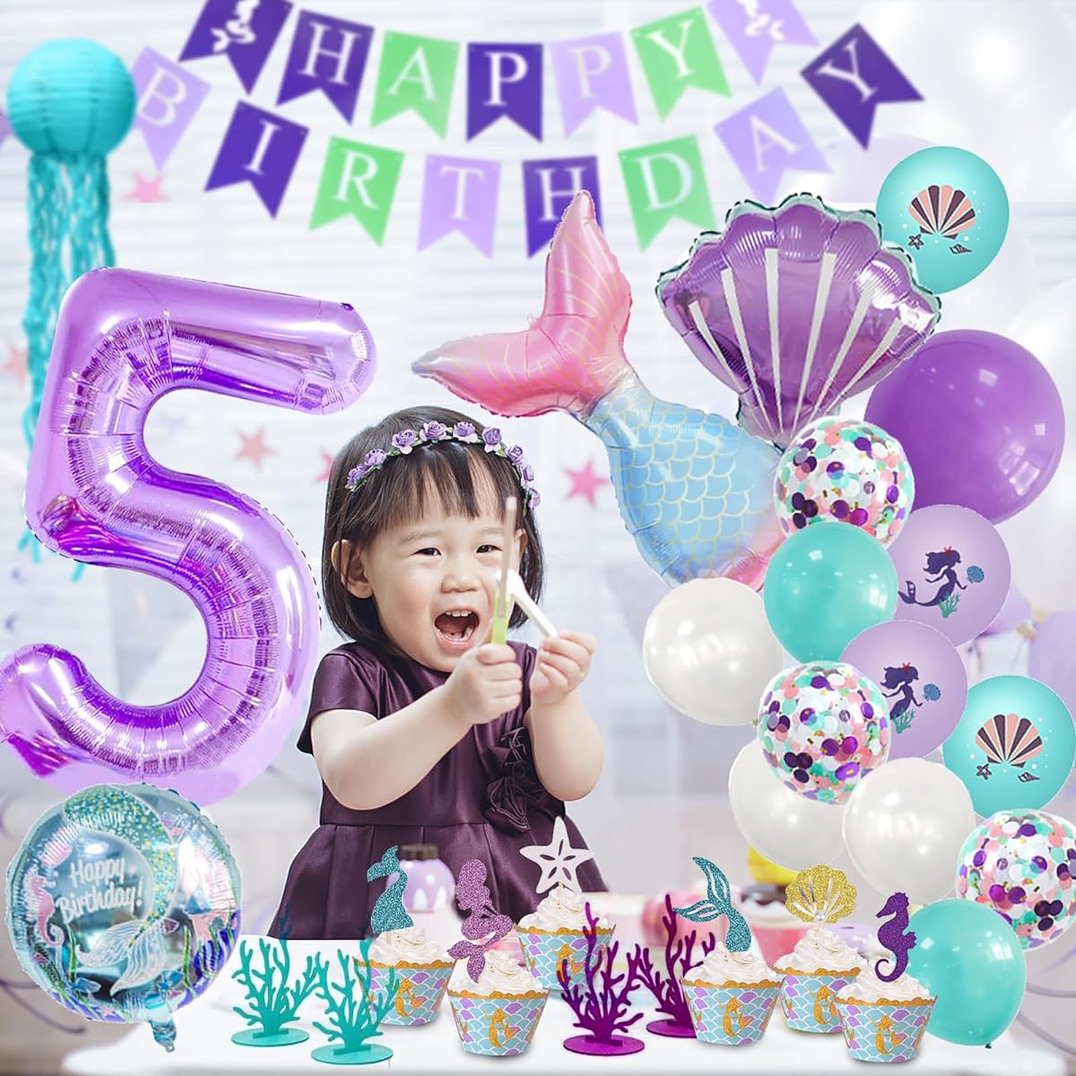 Mermaid Party Decoration Mermaid Birthday Decoration Happy Birthday Banner/With Balloons (Mermaid-5)