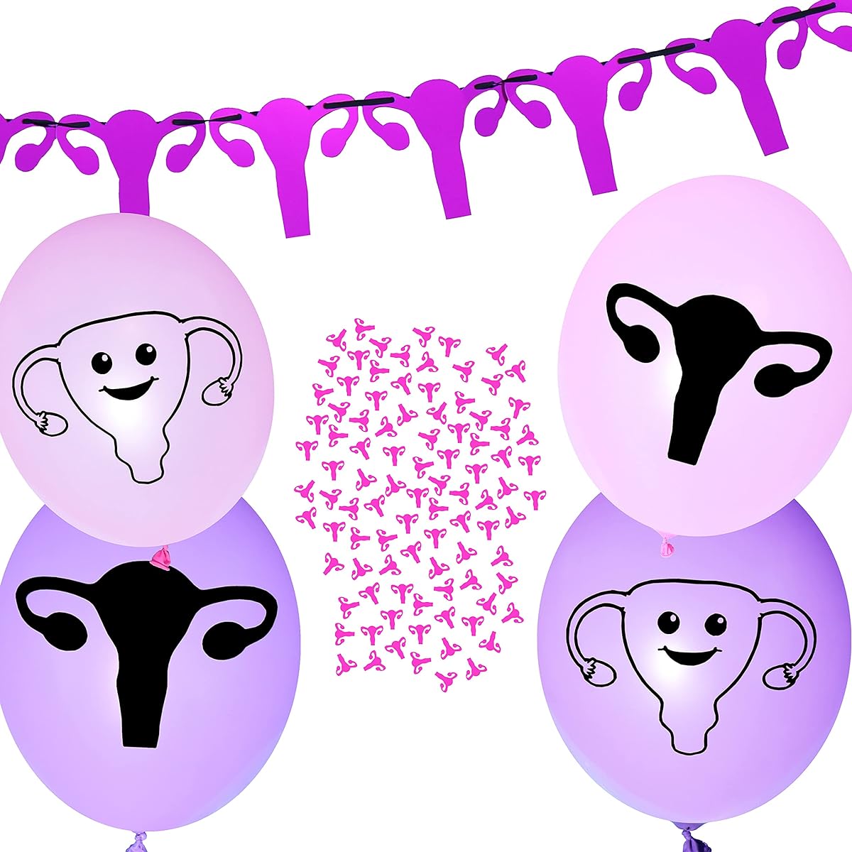 ROFLmart Uterus Party Bundle - Banner, Confetti and Balloon Decorations for Hysterectomy Party