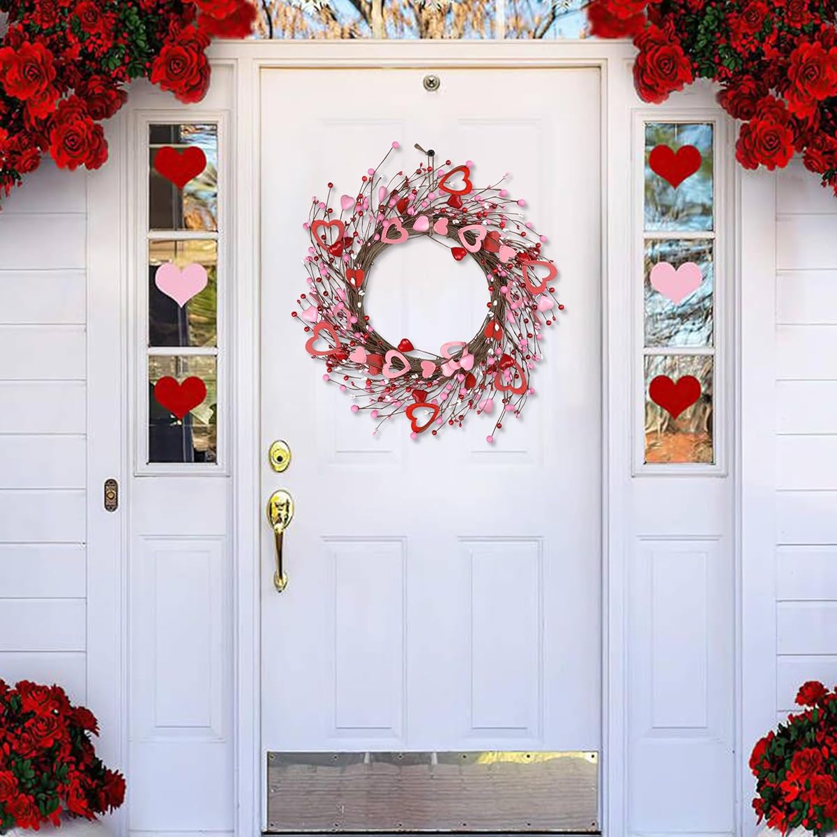 Valentine's Day Wreath 18 Inch Artificial Valentine's Day Wreath for Entrance Farmhouse Red Pink White Wooden Heart Berry Valentine's Day Decoration for Anniversary Wedding Indoor Outdoor