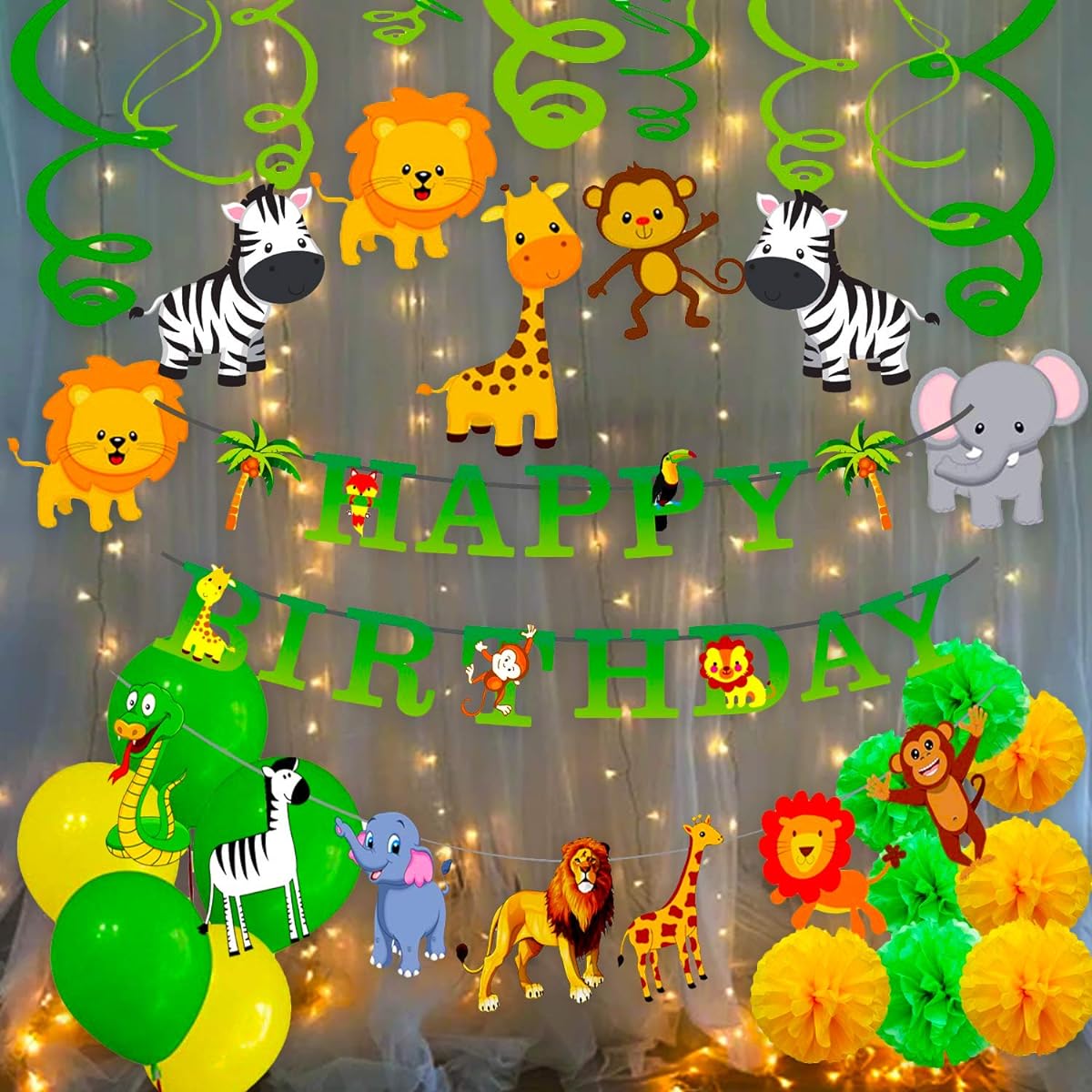 Party Props Jungle Theme Birthday Decorations for Boys-71pcs Hawaiian Animals Safari Forest Banner Latex Balloons Pom Poms Swirls Hanging with Warm LED Light Set (Green)