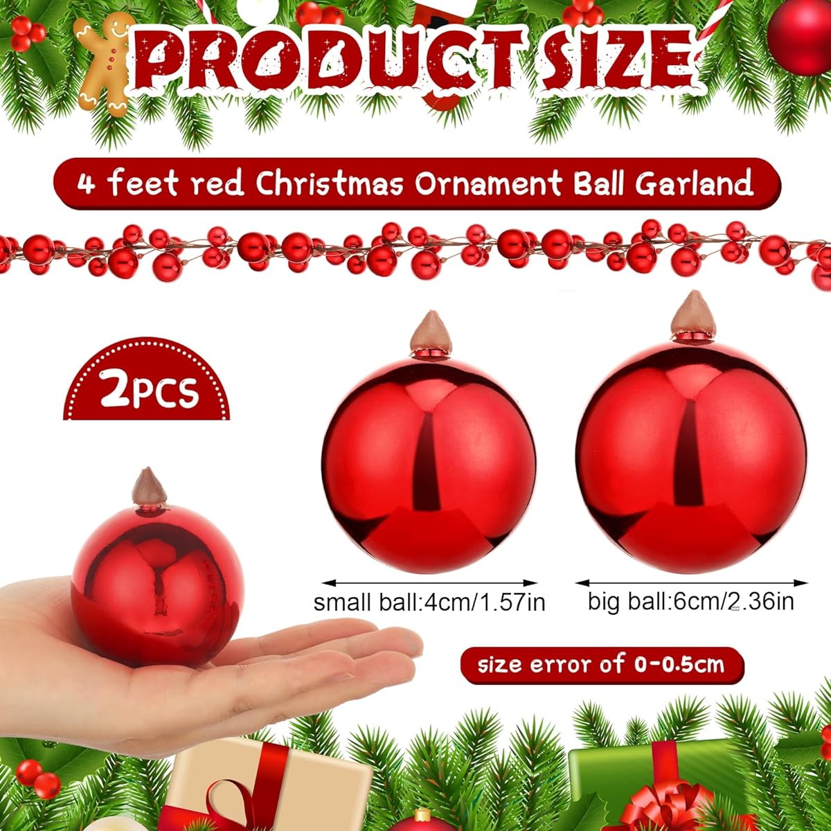 Syhood Red Plastic Christmas Ball Garland, 2pcs 4ft Bauble Garland Christmas Tree Ball Decorations Shatterproof Ball Ornaments Christmas Party Supplies for Indoor Outdoor Home Office