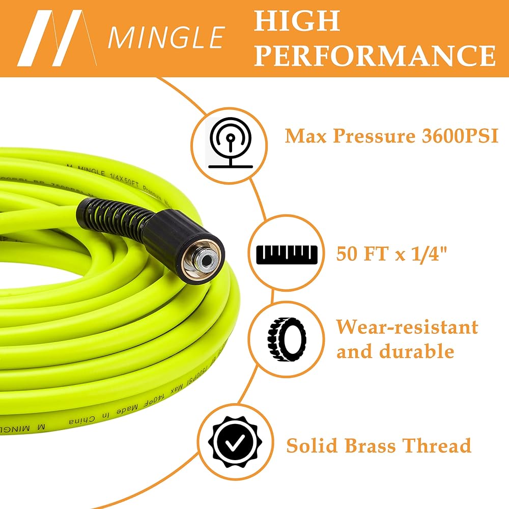 M MINGLE Pressure Washer Hose 50' x 1/4" - Replacement Power Wash Hose with Quick Connect Kit - High Pressure Hose M22 14mm Fittings - 3600PSI