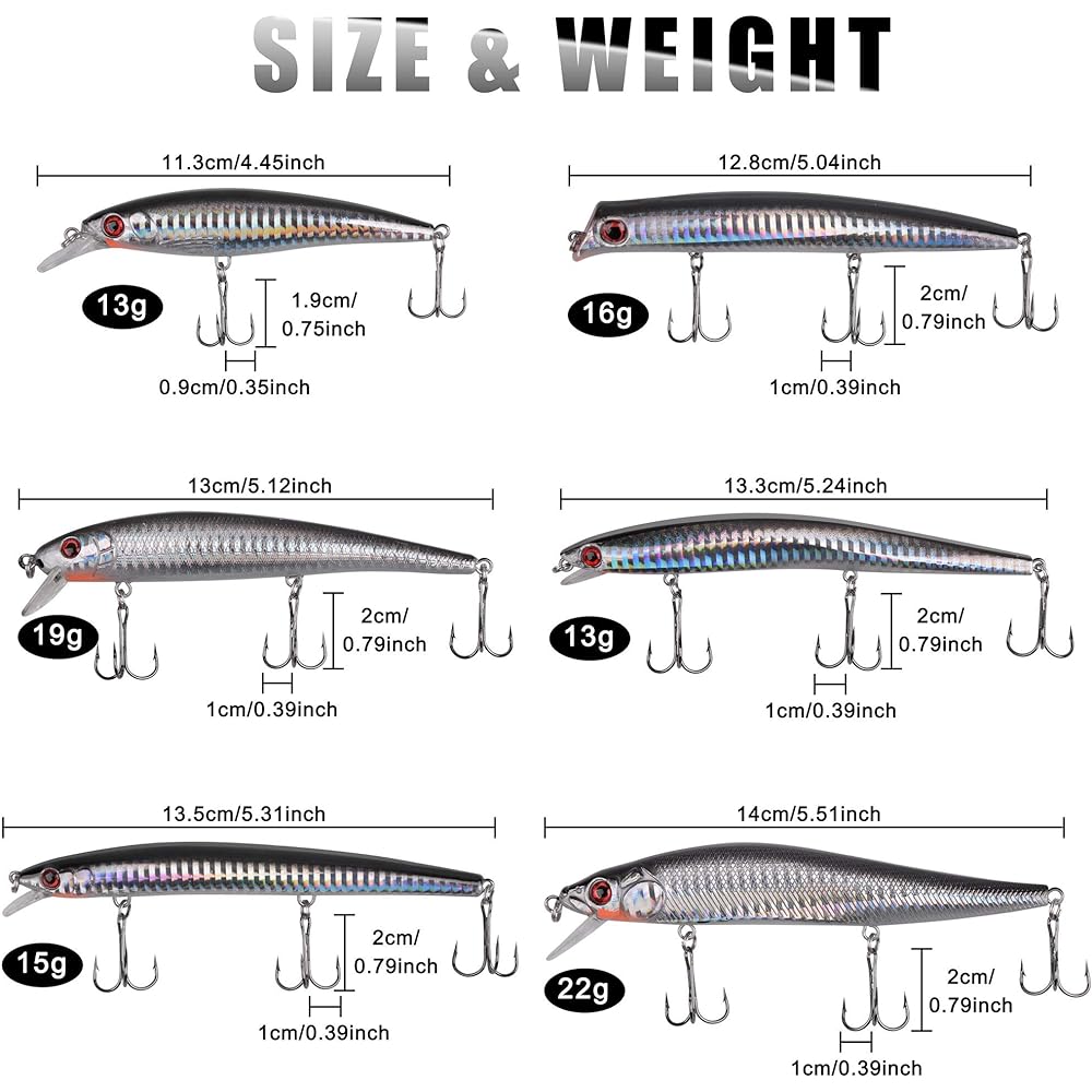 Seabass Lure Set Floating Minnow 13g 15g 16g 19g 22g Flounder Lure Seabass Bonito Yellowtail Tuna Hairtail Blue Fish All Seasons Saltwater Freshwater Compatible Sinking Pencil 6 Sizes