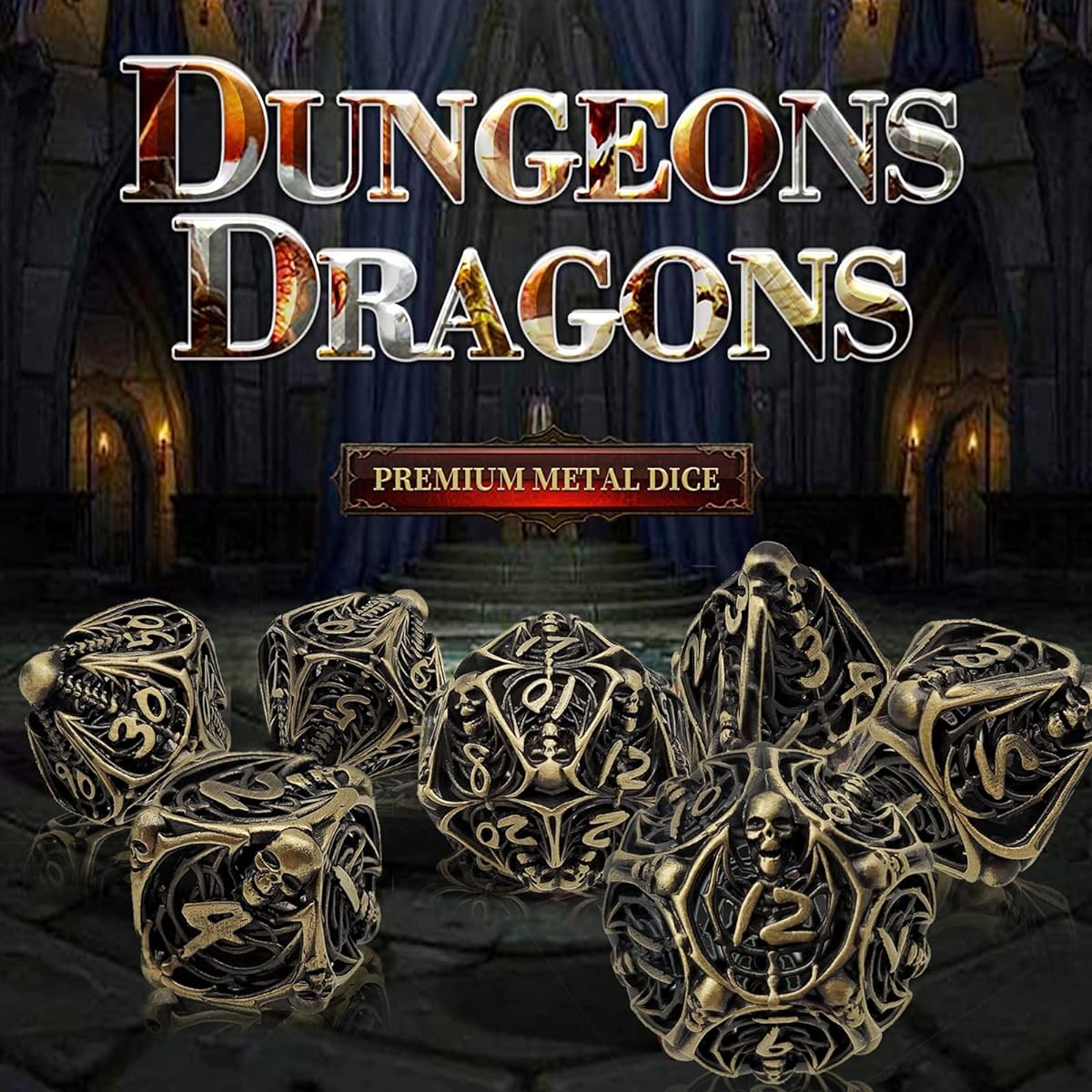 DND Dice Set Polyhedral Hollow D&D Dice Set Game Dungeons & Dragons Role Playing Game ZHOORQI 7 Pieces Skull Metal Dice MTG Pathfinder DND Collection Gift (Skull-Bronze)
