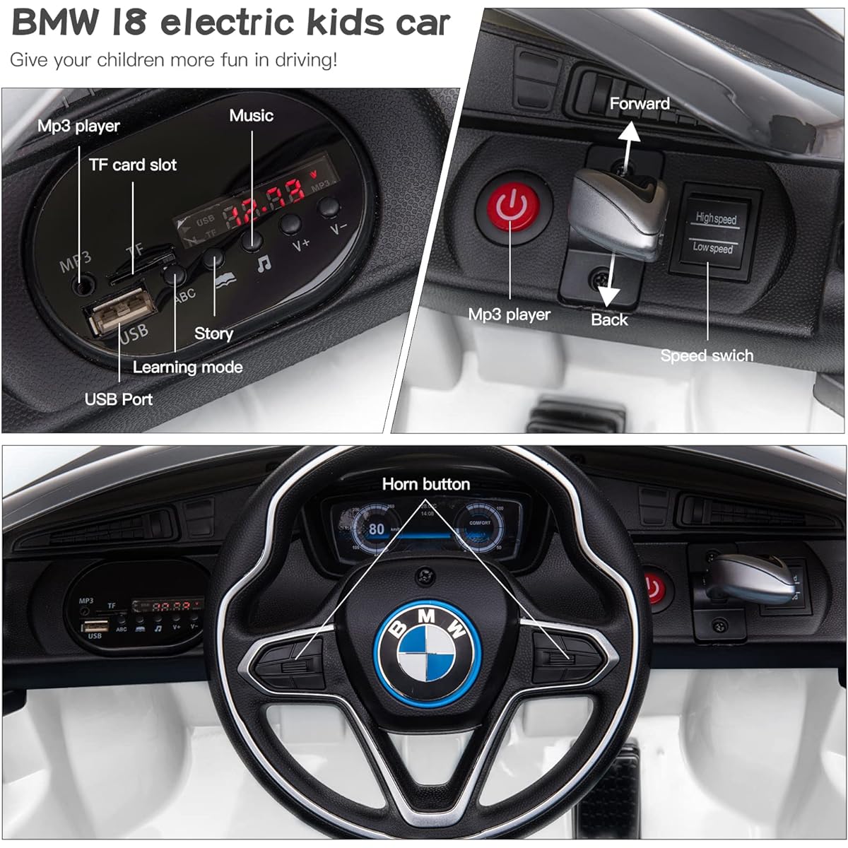 ROXAAN 12V Electric Children Ride with Parent Remote Control BWM Licensed Car for Children Battery Operated Kids Car Toy Kids Realistic 4 Wheel Electric Car (White)
