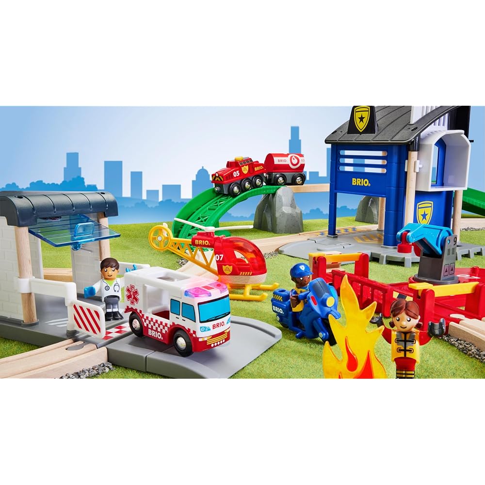 BRIO WORLD Rescue Team Set 36025 [44 pieces in total] Ages 3 and up (Electric vehicle, train, toy, wooden rail) Red, Green, Blue, Yellow