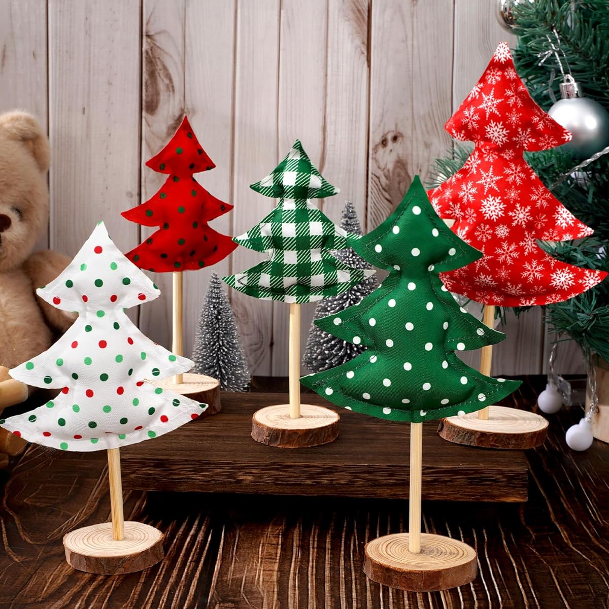 Whaline Christmas Fabric 5 Piece Tall Standing Red Green Christmas Tree Block Set with Plaid, Dots, Snowflakes, Trees, Tabletop Centerpieces, Signs, Tiered Trays, Table Decor
