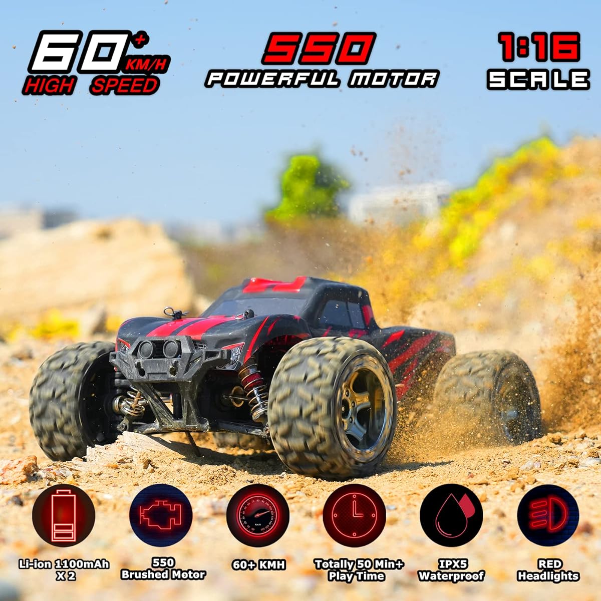 RC Monster RC Car for Adults 1:16 Remote Control Truck 550 Brushed Motor 60+km/h High Speed 4WD Hobby Grade RC Truck 4X4 Off-Road Waterproof High Speed Remote Control Car with 2 Batteries for Boys Kids