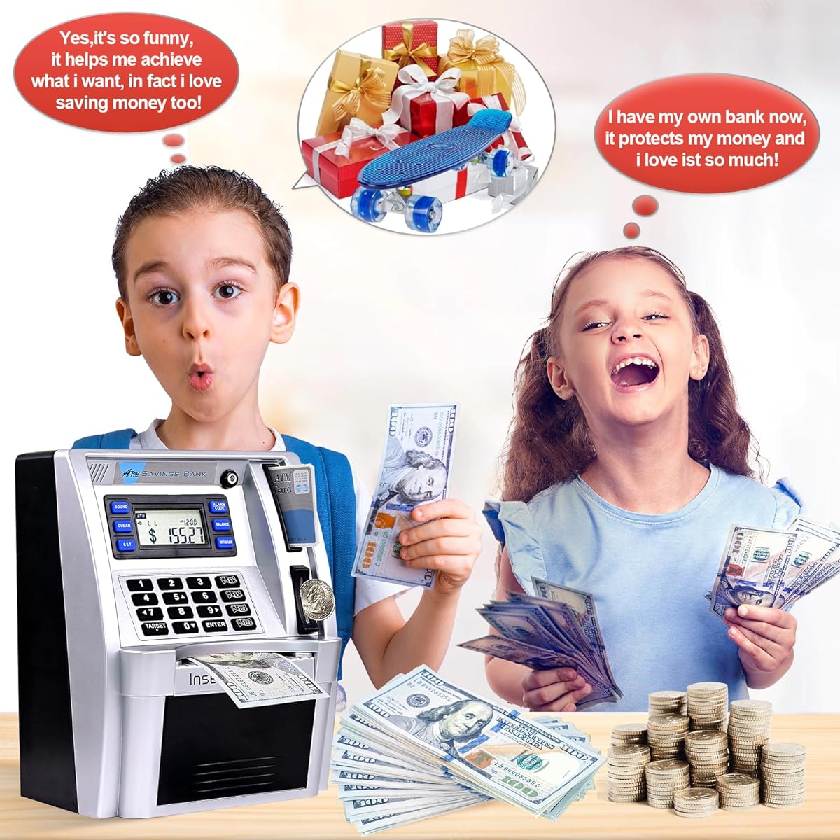 Qiekaka Upgraded ATM Piggy Bank, Talking Piggy Bank for Kids, ATM Banking Machine for Real Money Debit Cards, Balance Calculator, Digital Electronic Savings Safe, Silver/Black for Teen Boys Girls
