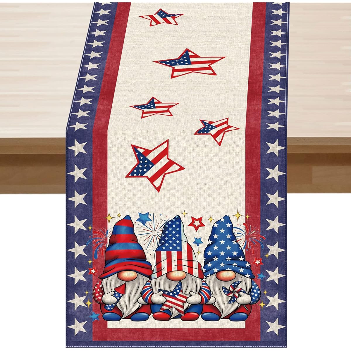 BOTB LIHM 4th of July Table Runner Gnome Star Patriotic American Memorial Day Independence Day 13x120 Inch Dining Table Decor Indoor Outdoor Home Decor