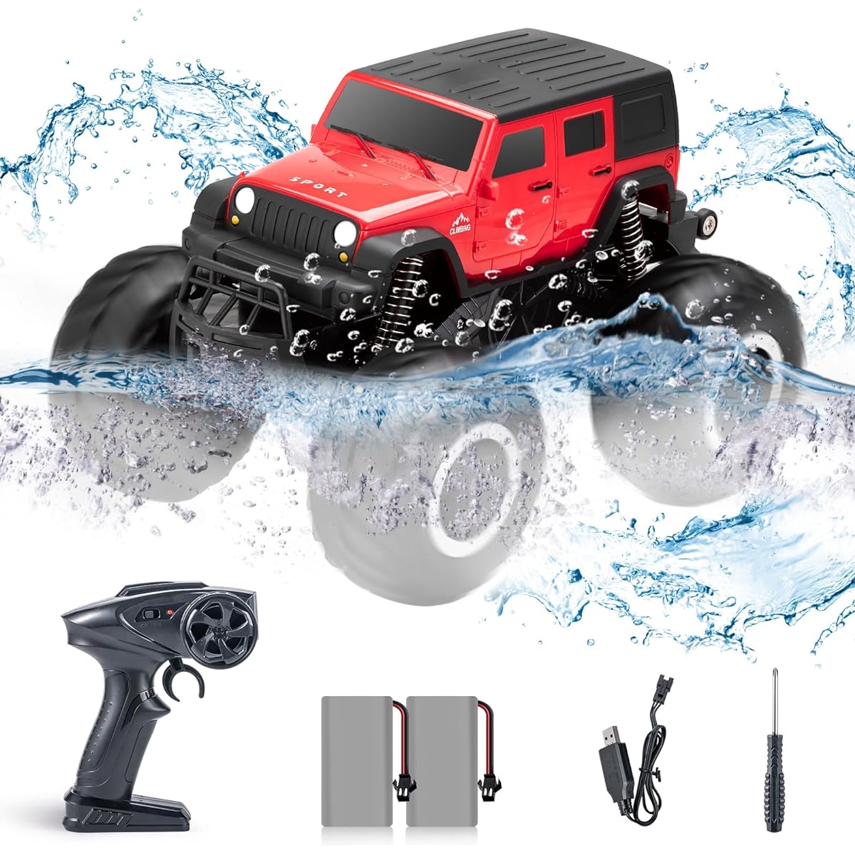 Carox RC Amphibious 4WD Waterproof Off-road RC Car with Anti-Collision Function, 360° Rotation, Super Pivot Turning, 2 Rechargeable Batteries, SDGs, Gift for Children/Students, Japanese Instruction Manual, OX34