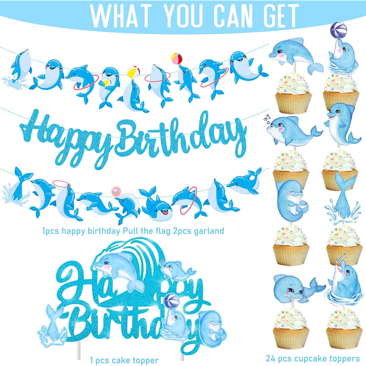 Dolphin Birthday Party Supplies, Dolphin Theme Cupcake Toppers, Dolphin Happy Birthday Banner, Dolphin Cake Topper Decorations for Kids Boys Girls Undersea Theme Birthday Party Baby Shower Supplies