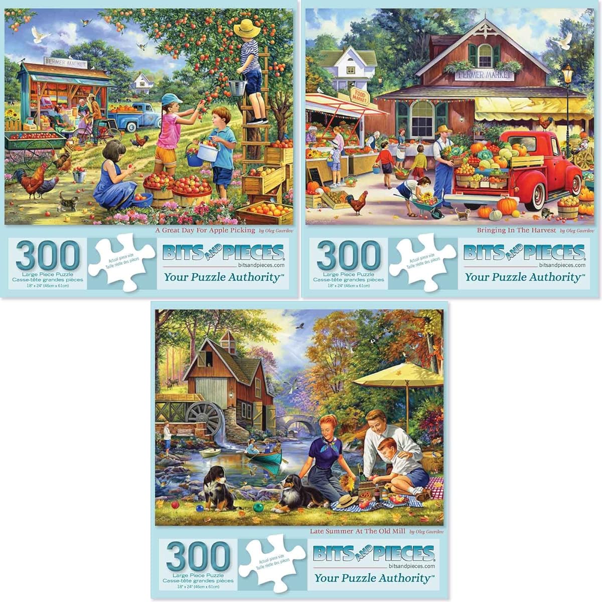 Bits and Pieces - Great Value 3-300 Piece Jigsaw Puzzle Set for Adults - Puzzle Dimensions 18" x 24" - Apple Picking Harvest Summer Mill 300 Piece Large Piece Jigsaw Puzzle Artist Oleg Gavrilov - 18" x 24"