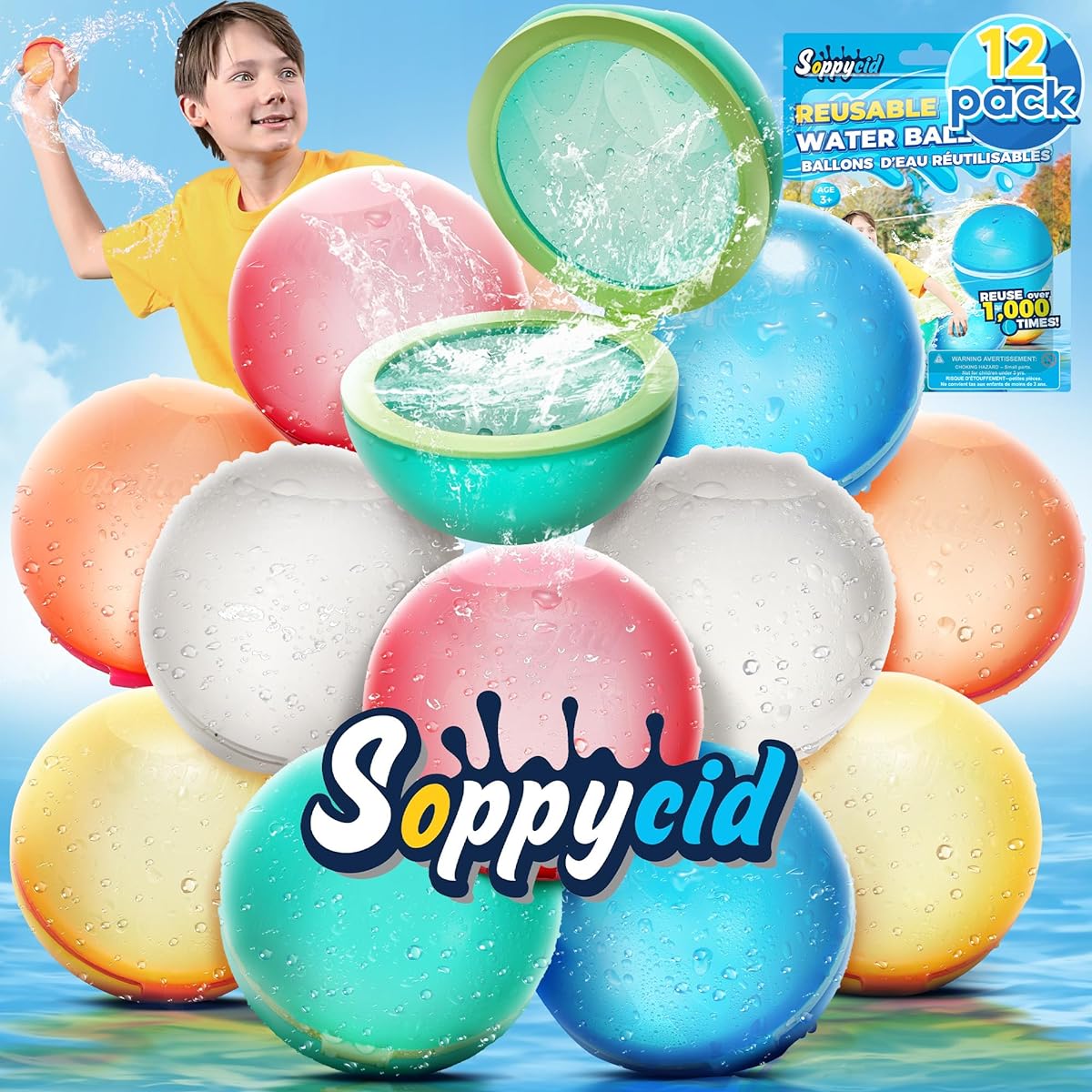 WOTOYS SOPPYCID Reusable Water Balloons, 12pcs Latex Free Silicone Refillable Magnetic Water Balloons for Water Play, Summer Party Favors, Outdoor Activities, WOTOYS Pool Toys for Kids Ages 3-12