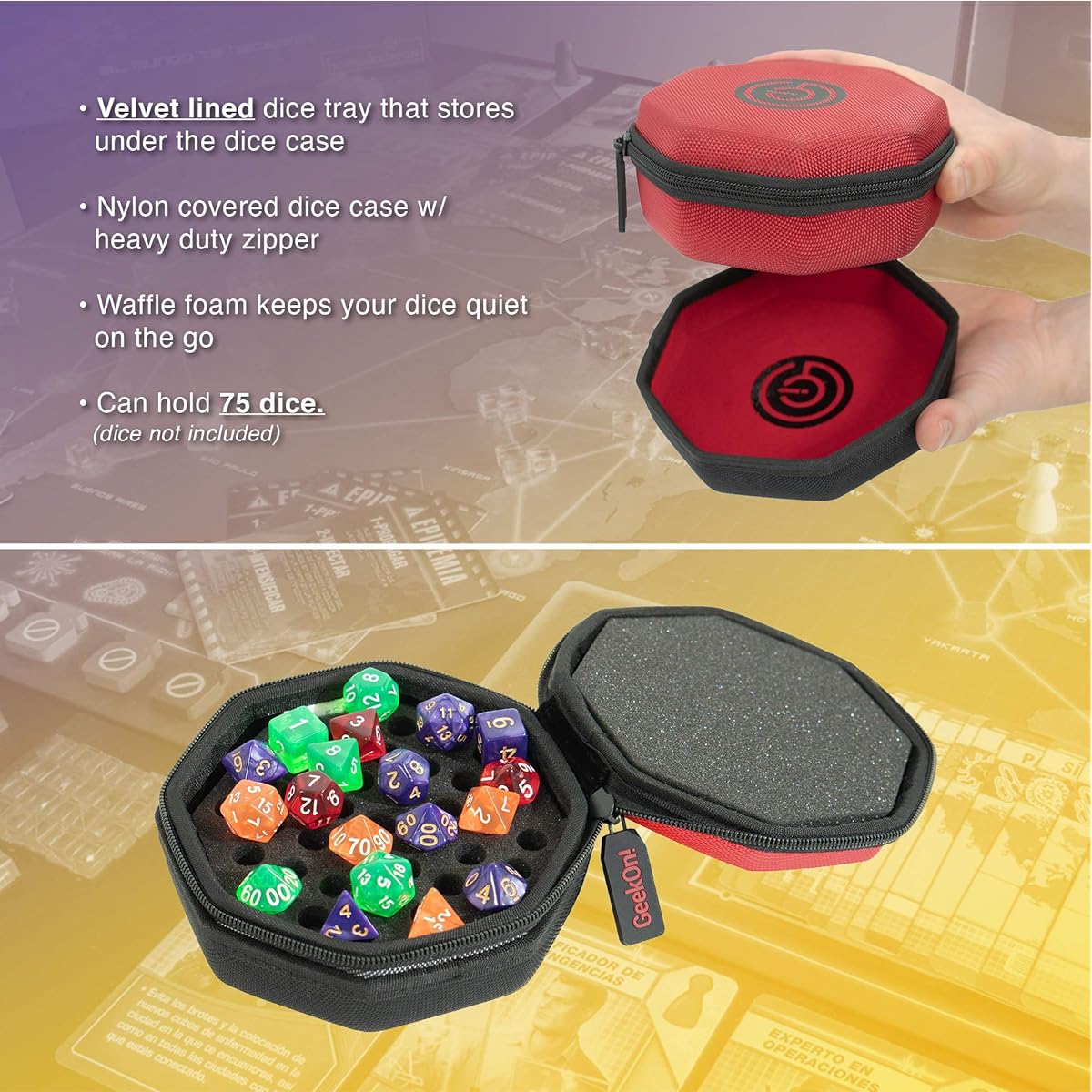 GEEKON Protective Padded Dice Case & Integrated Felt Dice Tray for Board Games, Ping Pong Games and RPGs - Holds & Protects Over 75 Dice! Perfect for Game Night! (Red)