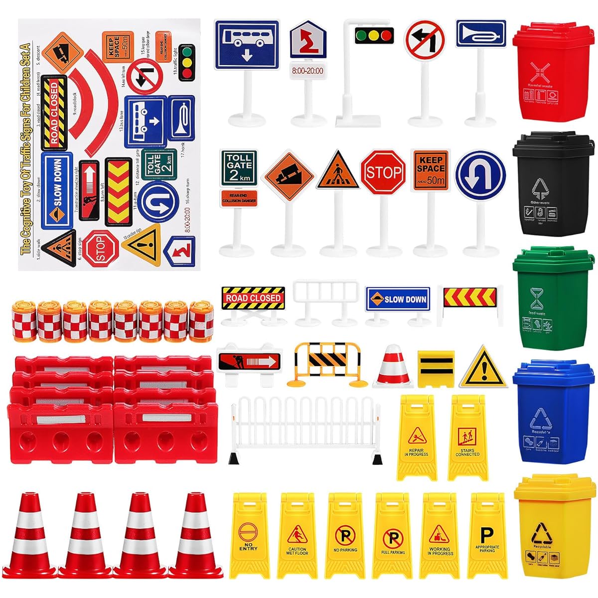NUOBESTY 105 Pieces Traffic Road Signs Road Signs Playset Traffic Lights Crosswalk Signals Obstacles Toy Set for Kids Safety Education Play