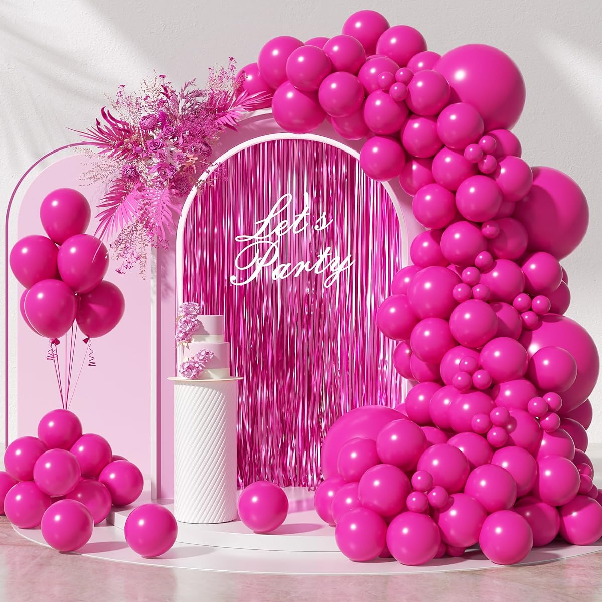 FOTIOMRG 130pcs Hot Pink Balloon Garland Arch Kit, 18 12 10 5 inch Hot Pink Latex Balloons Different Size Pack for Birthday Baby Shower Bridal Shower Wedding Bachelorette Barbie Party Decorations with Fringe Backdrop