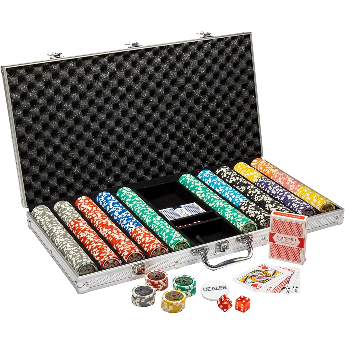 High Roller Poker Chip Set in Aluminum Carry Case - Holo Inlay 14 Gram Weight Casino Quality Poker Chips, Dice, Playing Cards Rugged Protection - Lockable Portable Case (1000 ct. Rolling)