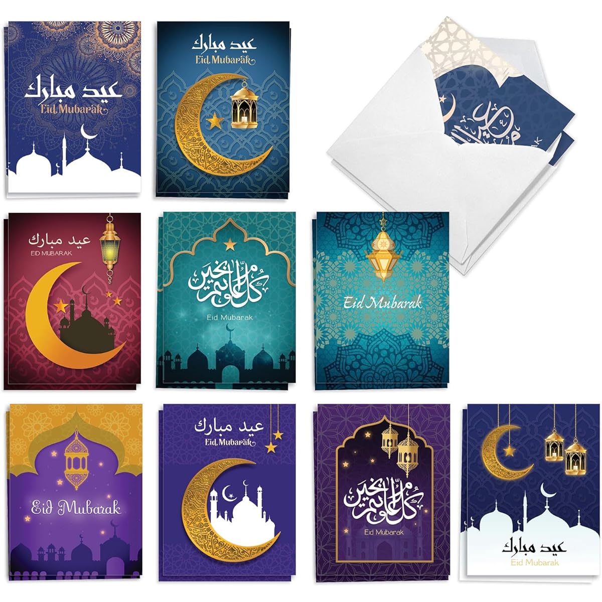 The Best Card Company Eid Mubarak Notes Set of 20, Boxed Set, 4 x 5.12 Inch with Envelopes (10 Designs, 2 of Each), Eid Mubarak AM7035EIG-B2x10