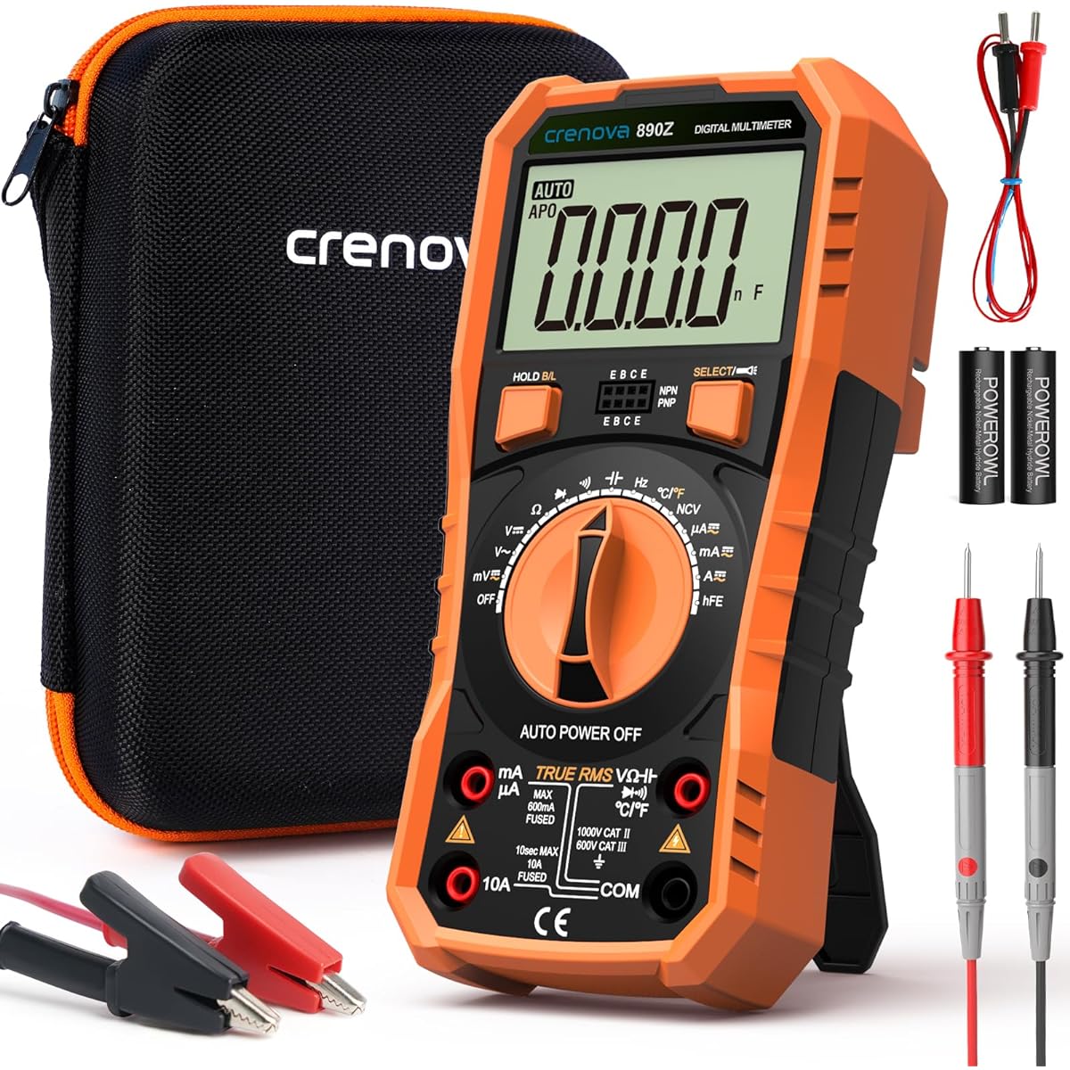 Crenova Digital multimeter, TRMS Voltmeter Ammeter Auto-Range 6000 Counts Ohmmeter, measures voltage capacitance temp resistance with large LCD display and backlight, for Automotive, Electrics