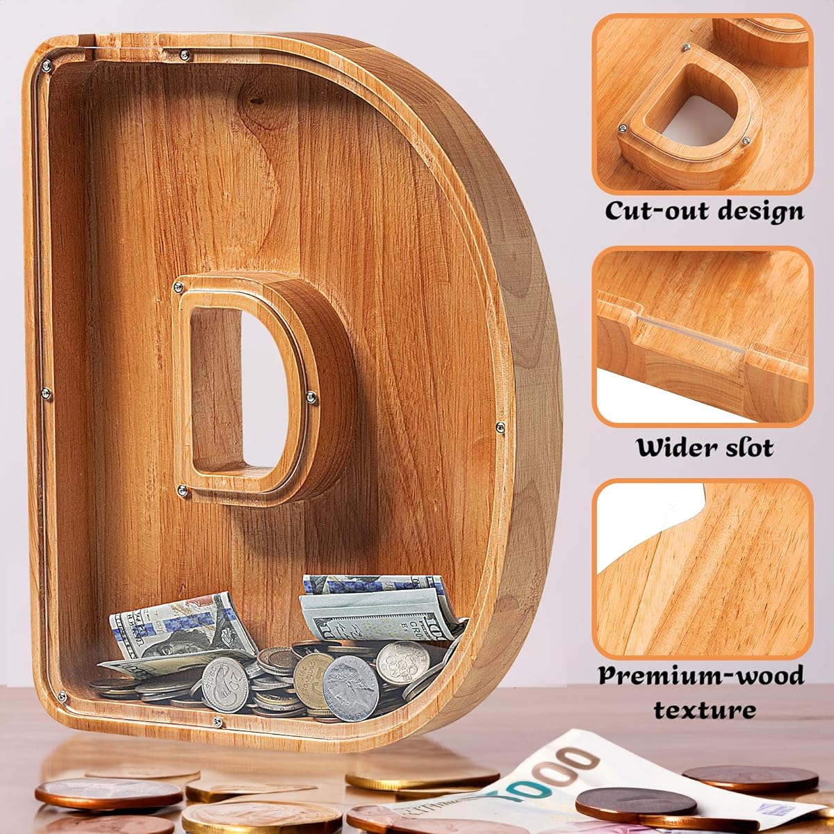 Sulevalt 12" Extra Large Wooden Letter Money Box, Piggy Bank for Boys/Girls/Kids, Alphabet Money Box with Initial D, Birthday/Christmas for Kids
