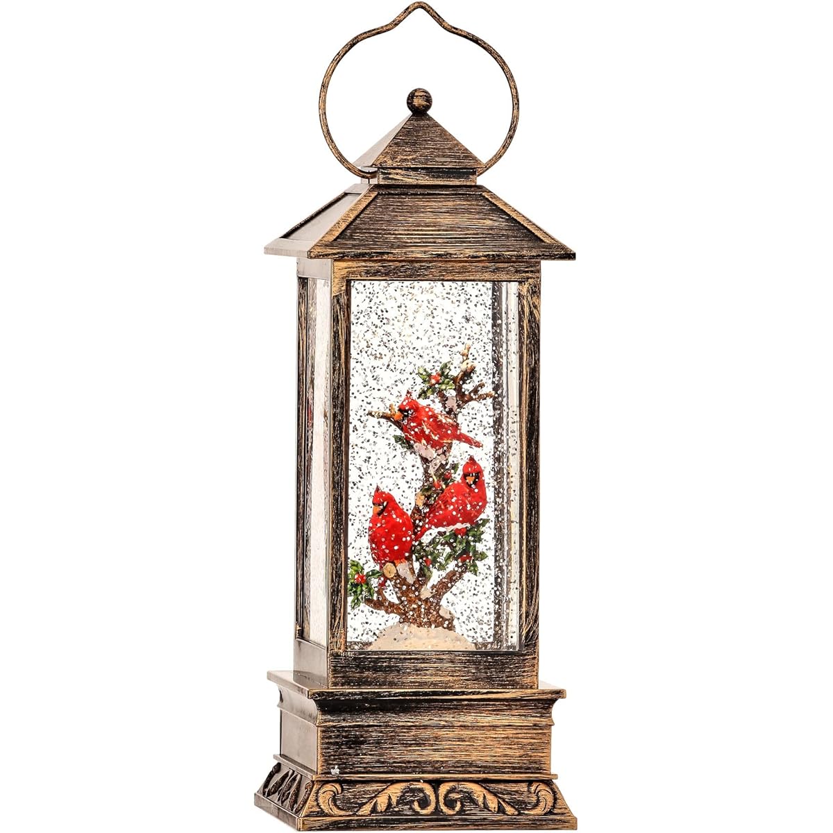 Textured Bronze Lantern Cardinal LED on Branch 12 Inch Metal Tabletop Water Snow Glove