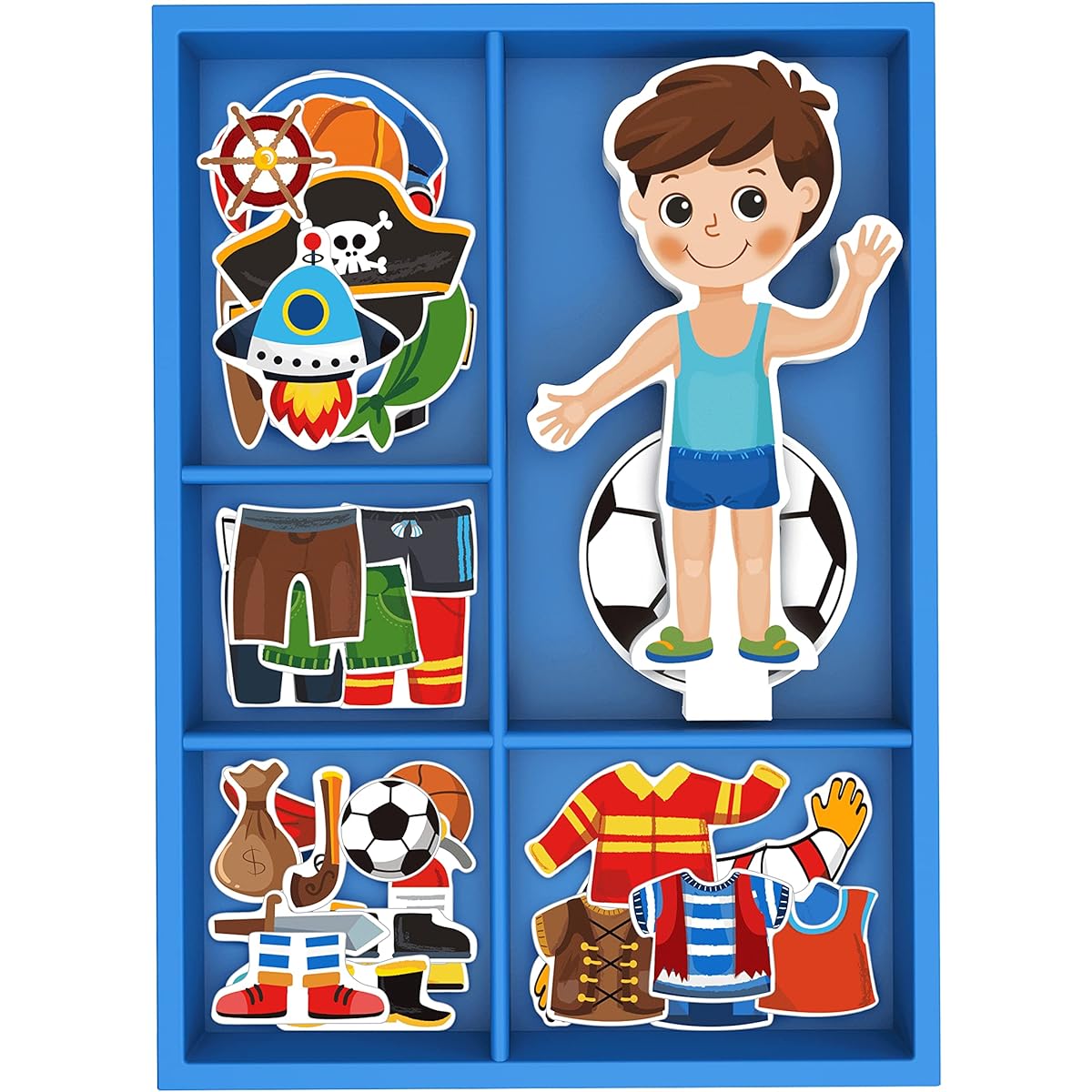 TOYSTERS Magnetic Wooden Dress Up Boy Doll Toy Pretend Play Set Includes: 1 Wooden Doll with 30 Costume Dress Ideas | Not Your Average Paper Doll | Perfect Gift for Little Boys 3+ (PZ650)