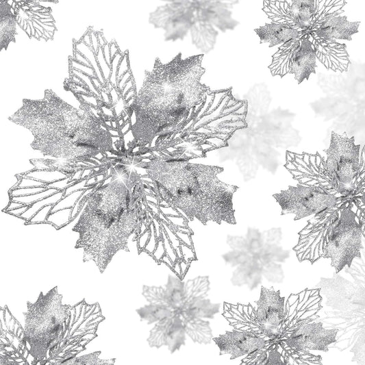WILLBOND 36pcs Christmas Flower Glitter Poinsettia Artificial Flowers for Weddings, Christmas Trees, New Year Ornaments, Glitter Hollow Style, Silver