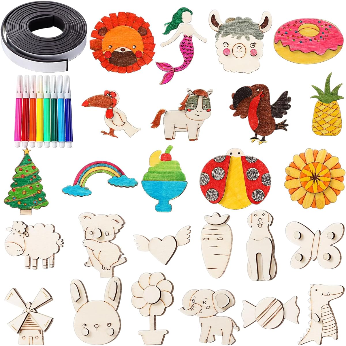 Barydat 100pcs Wooden Magnets DIY Wood Arts & Crafts Craft & Art Painting Kit Party Supplies Party Birthday Gifts Party Favors Easter Basket Stuffers for Boys Kids Girls