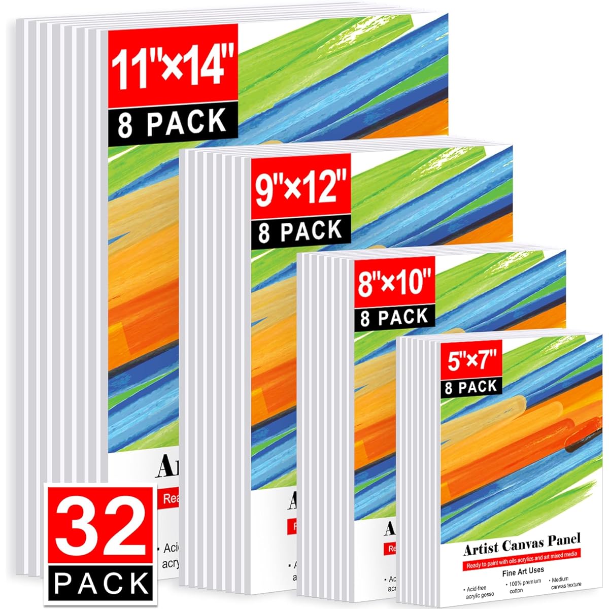 MAXECHO 32 Pack Canvas for Painting, Art Paint Canvas Board Set - 5x7, 8x10, 9x12, 11x14 Inch, 100% Cotton Blank Art Supplies for Acrylic/Oil Paint/Acid Free for Kids & Artists