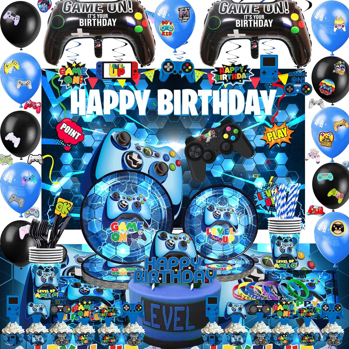 ue Gamer Birthday Party Decorations - 218 Pieces Video Game Gaming Party Supplies for Boy's Birthday Party - Backdrop, Table Cover, Plates, Cups, Napkins, Utensils, Hanging Swirls, Cupcake Toppers, Cupcake Wraps, Stickers, Bracelets & Balloons, Serves 10