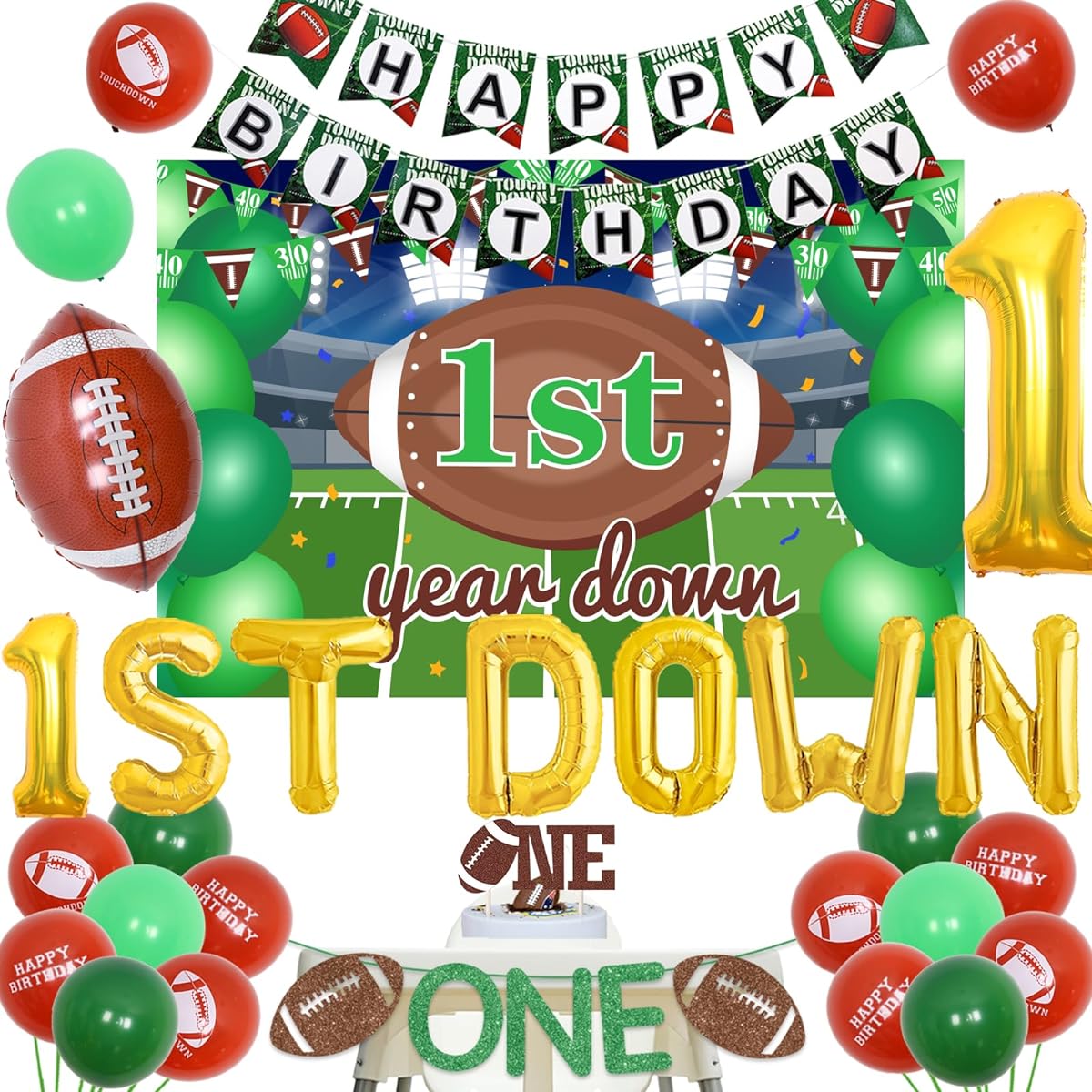 kreat4joy 1st Year Down Football Birthday Party 1st Year Down Football Birthday Decorations Backdrop Foil Balloons Happy Birthday High Chair Banner Cake Topper Boys Football 1st Birthday