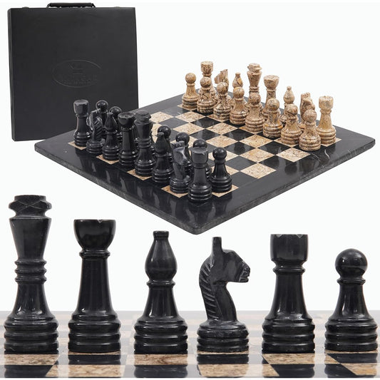16 Inches Handmade Black and Coral Marble Full Chess Game Original Marble Chess Set