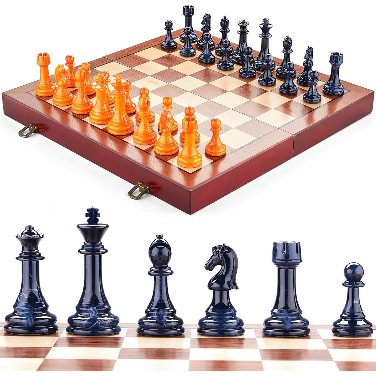 OUMODA Wooden Chess Set Folding Board Game Acrylic Large Chess Pieces Gift for Kids and Adults (Instructions Included)