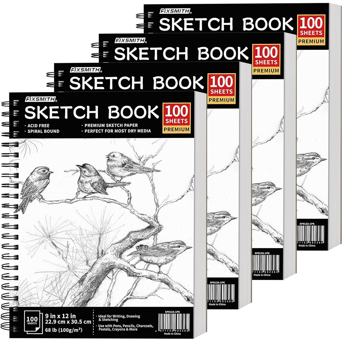 FIXSMITH 9" x 12" Sketchbook | 200 Sheets (70lb/100gsm) | 4 Packs (100 Sheets Each) | Durable Acid-Free Drawing Paper | Spiral Bound Sketch Pad for Beginners, Artists and Professionals | Bright White